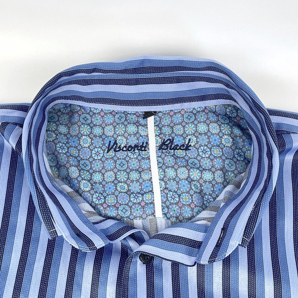 Visconti Black Men's 2XLB Blue Striped Long Sleeve Casual Shirt Flip Cuff Design - Picture 3 of 12